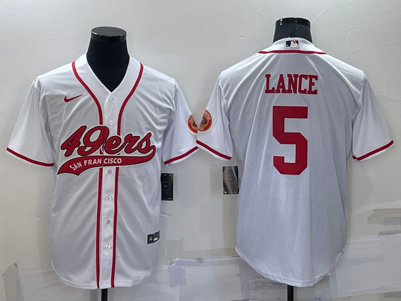Men's San Francisco 49ers #5 Trey Lance White Cool Base Stitched Baseball Jersey Men's San Francisco 49ers #5 Trey Lance White Cool Base Stitched Baseball Jersey